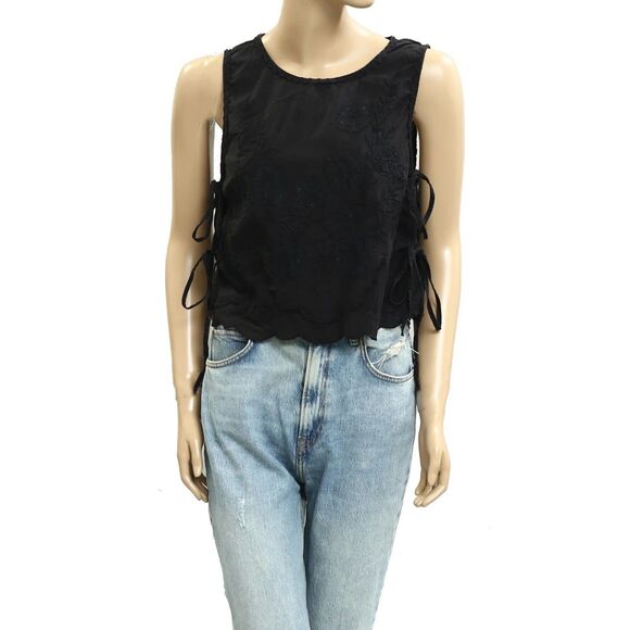 Free People Faded Gardens Tank Cropped Top Floral Embroidered Black XS 283663 - Picture 4 of 8